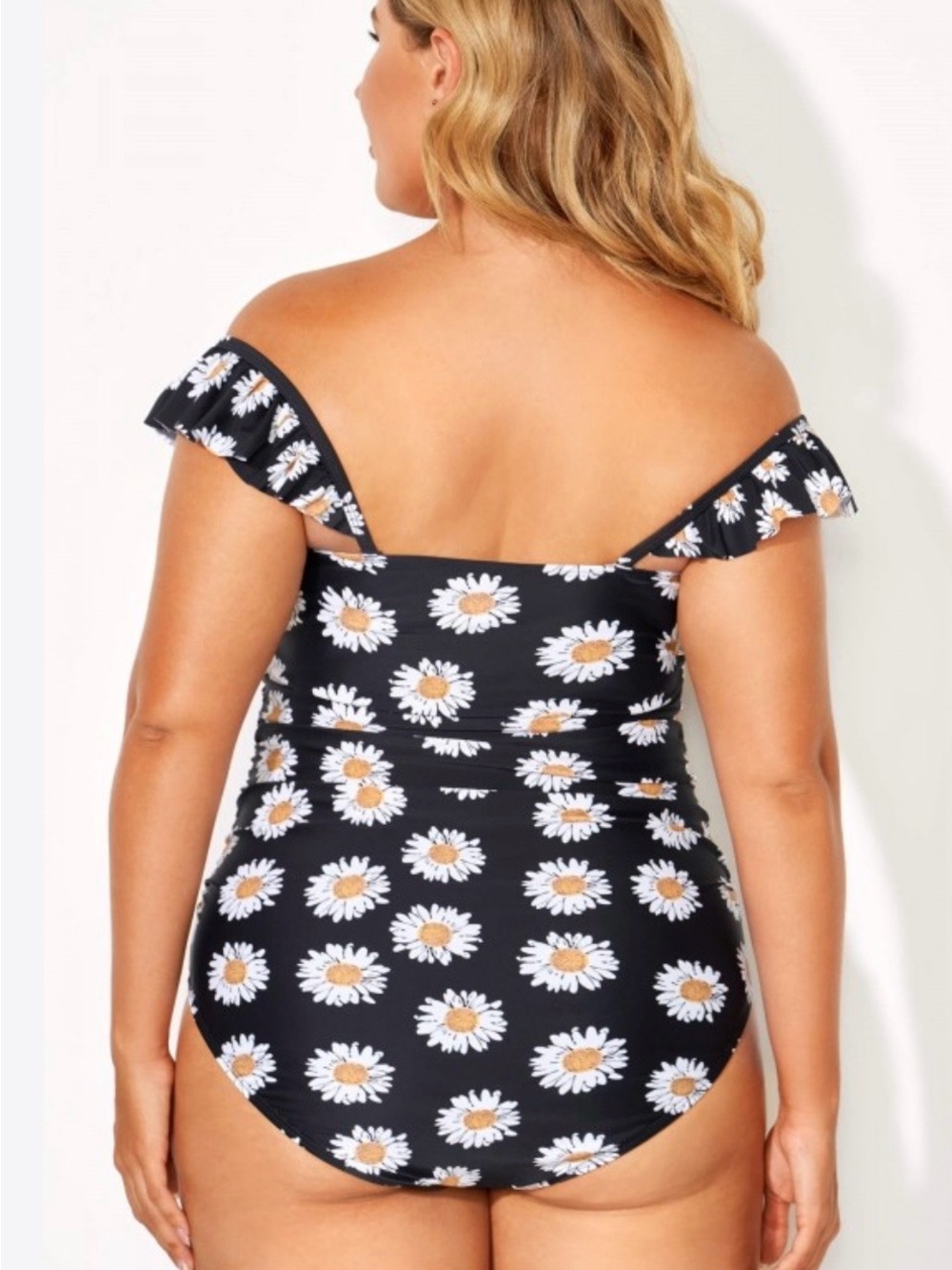 Off-Shoulder Daisy Print One-Piece Swimsuit - Black - Picture 2 of 2